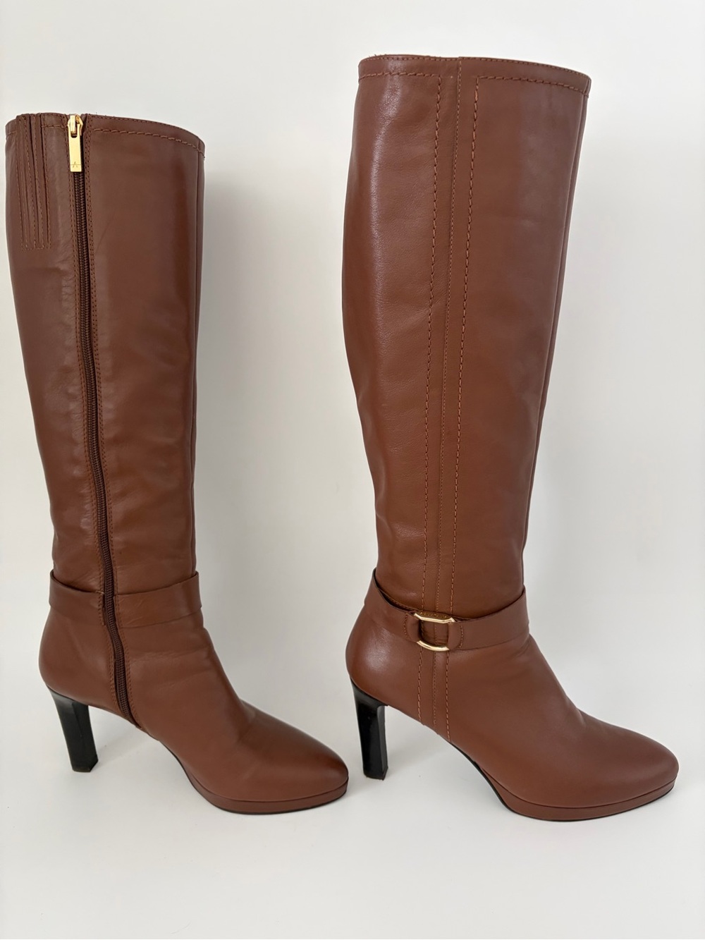 Aquatalia Brown Leather Knee-High Heeled Boots with Gold strap detail zipper 8.5